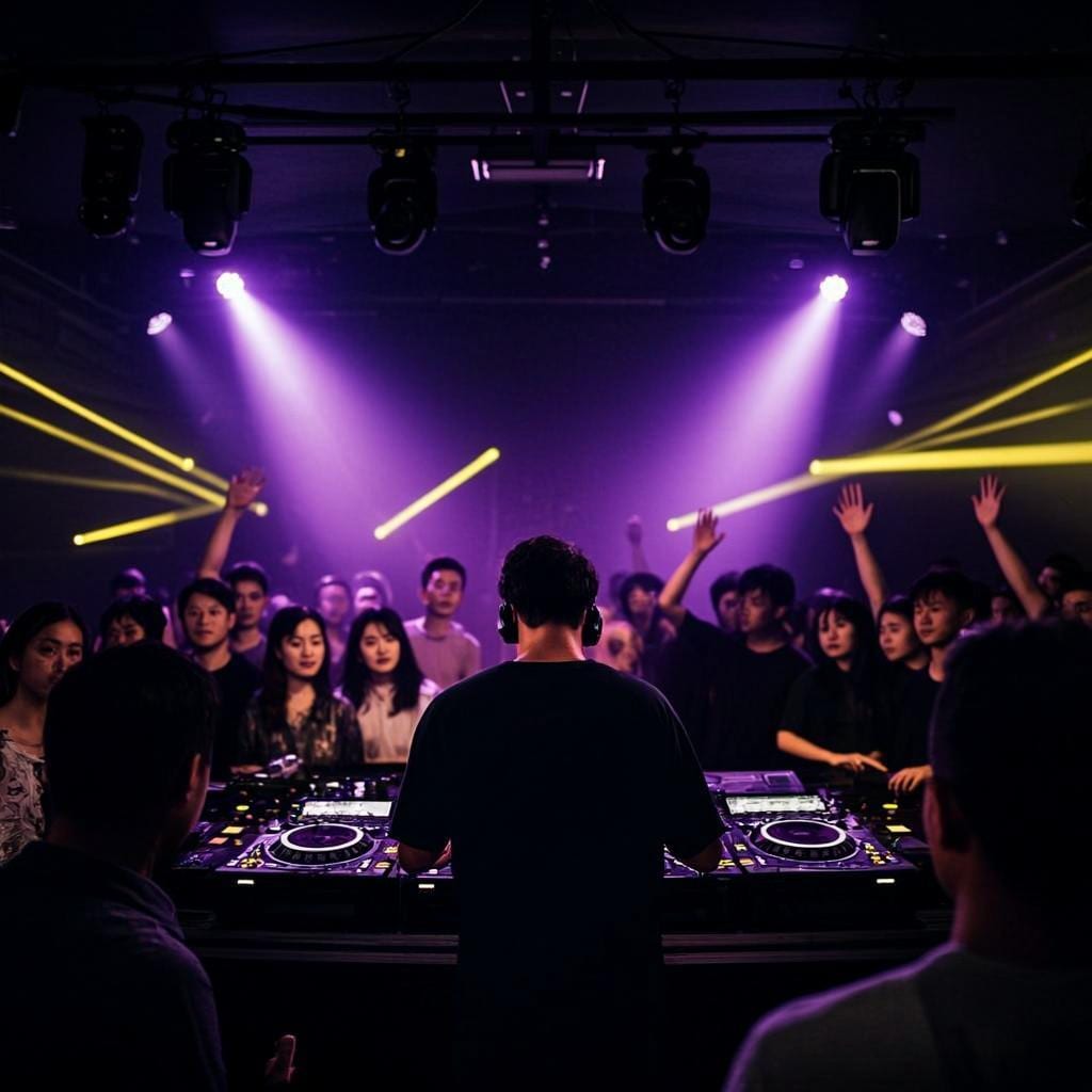 Cabine do DJ em uma balada com luzes roxas e douradas