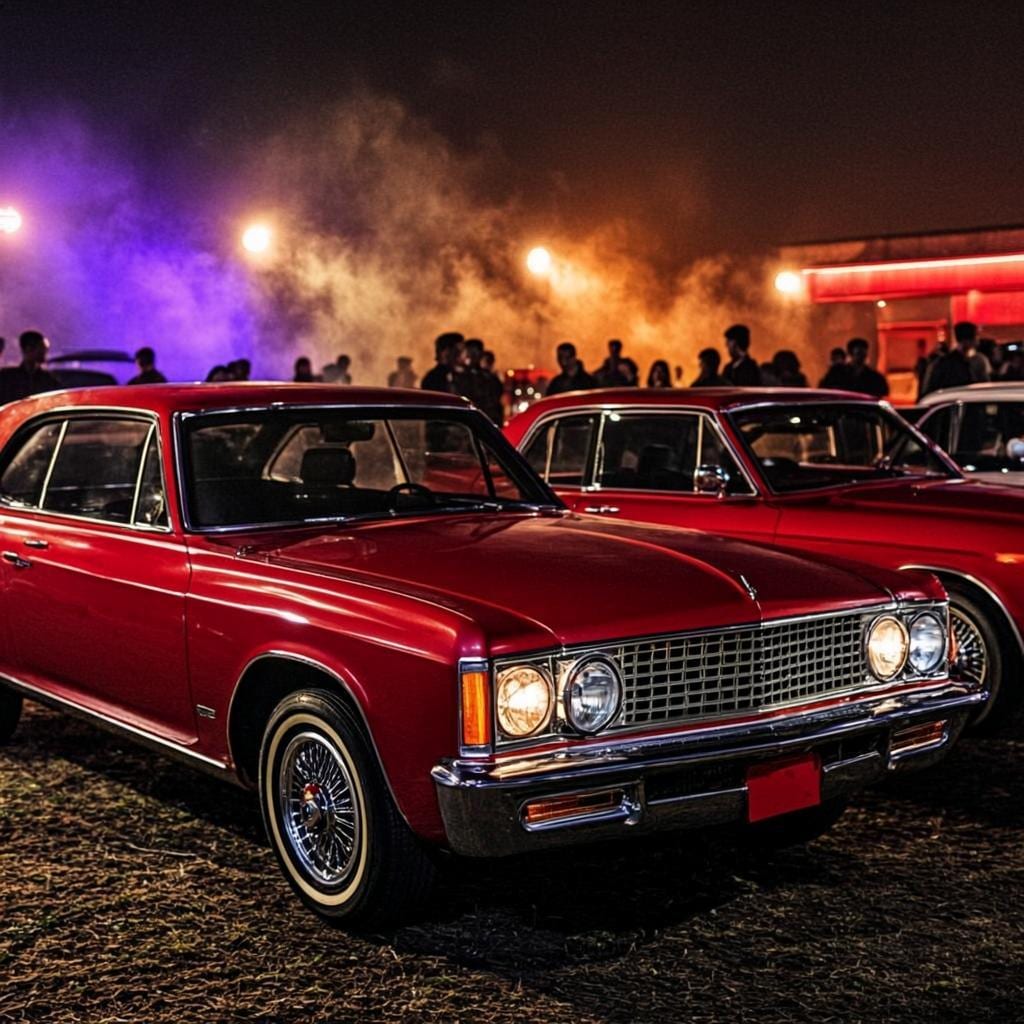 Encontro de carros antigos com vibe rock and roll