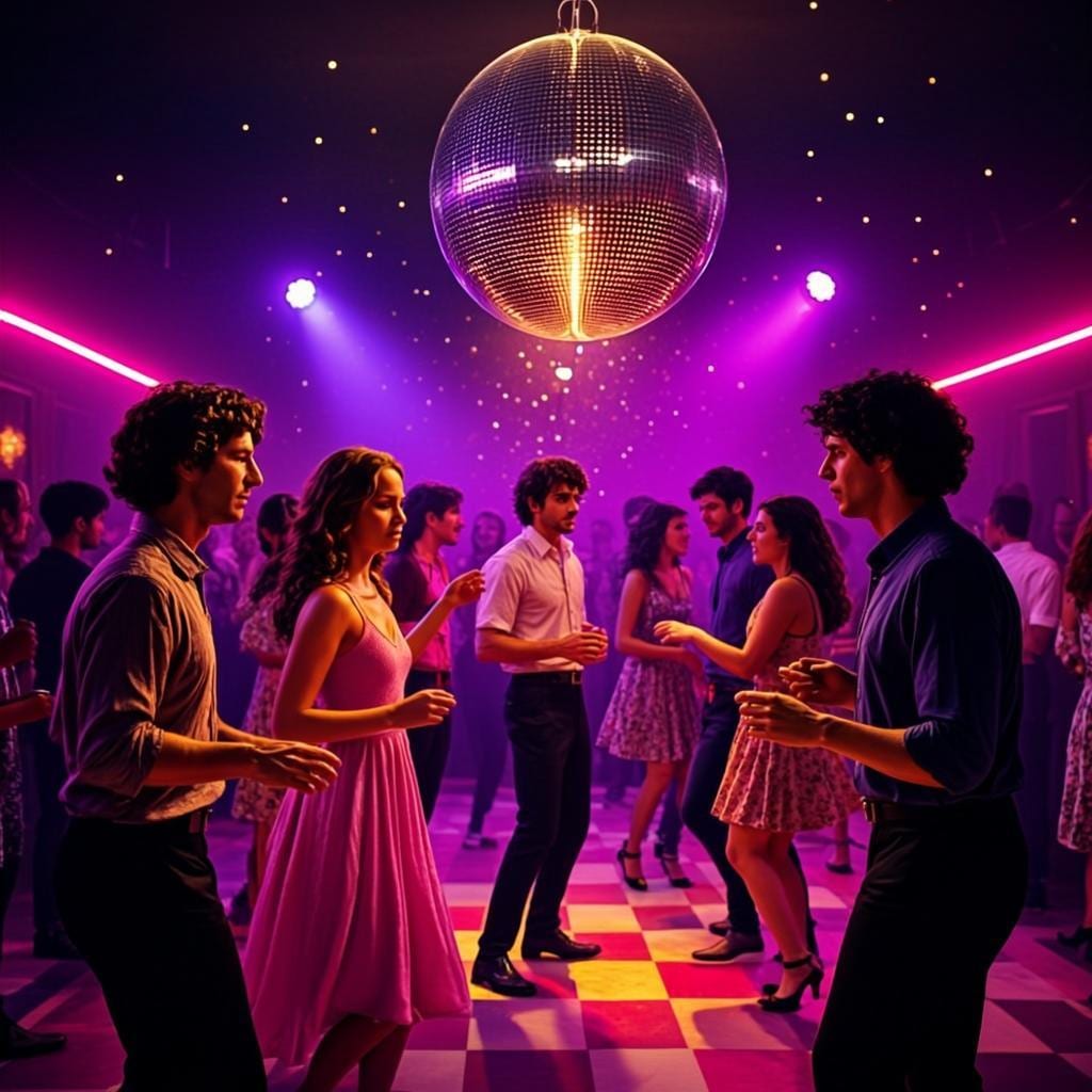 Festa flashback anos 80 com bola de discoteca e neon
