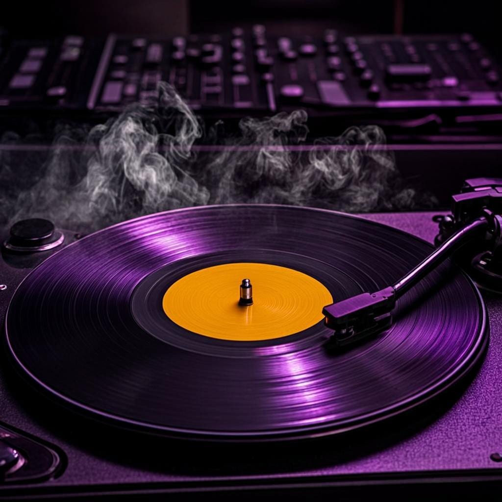 Vinil girando no toca-discos com luzes neon
